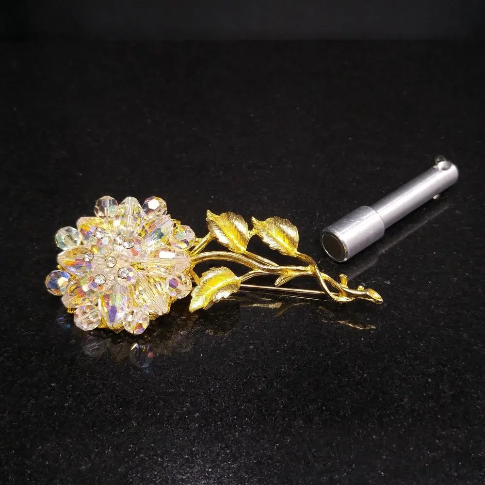 Vintage 1960s Crystal Beaded Flower Brooch, Gold Tone